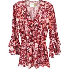 Lysse Pink Floral Long Sleeve V-Neck Ruffled Blouse | Size S